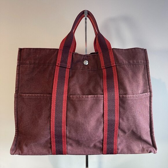 Hermes Vintage Hermès Toile Fourre-Tout MM - Brown/Red - Preowned - Picture 1 of 15